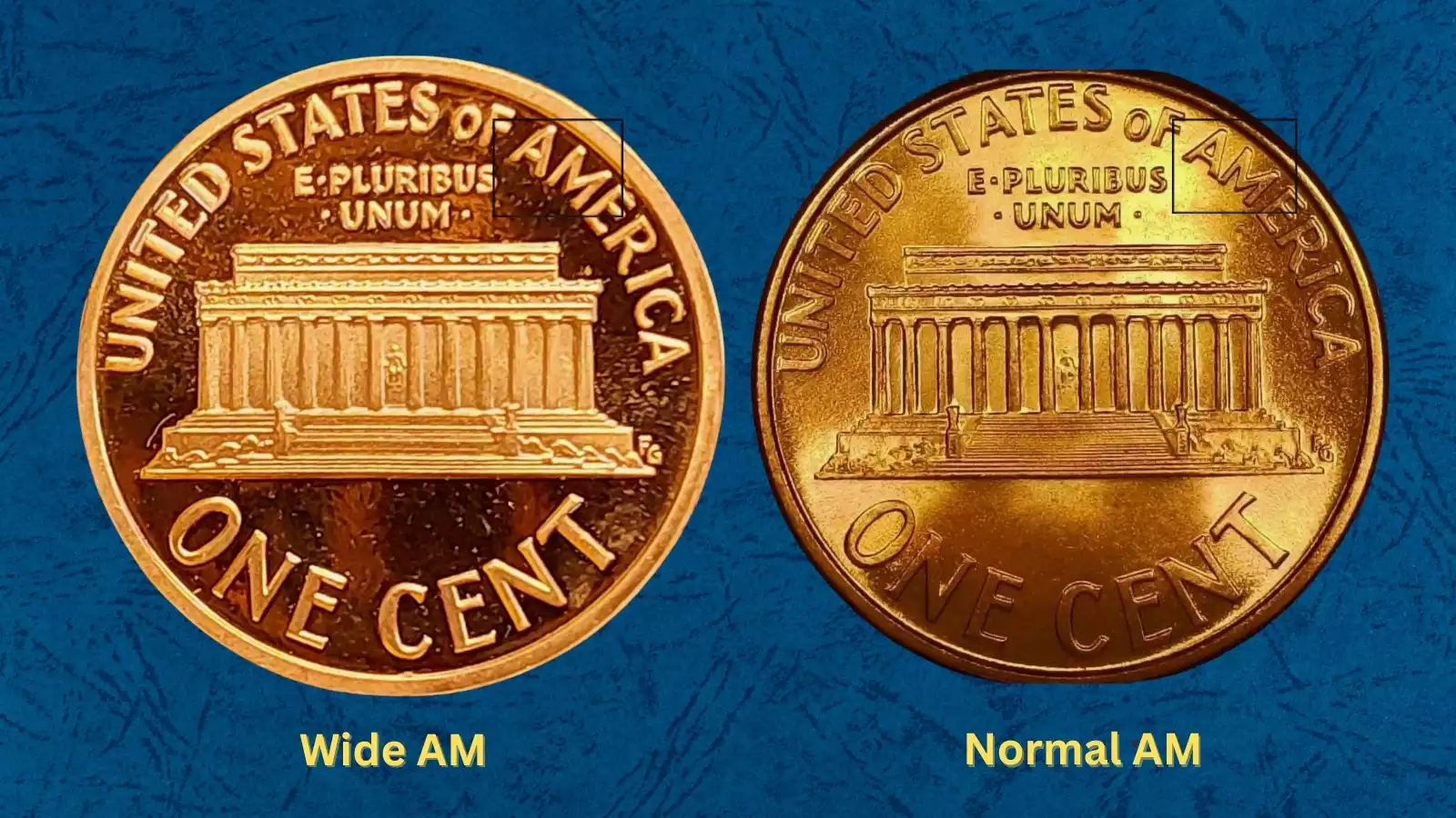 1996 penny Wide AM variety — close-up of reverse AMERICA showing gap between A and M