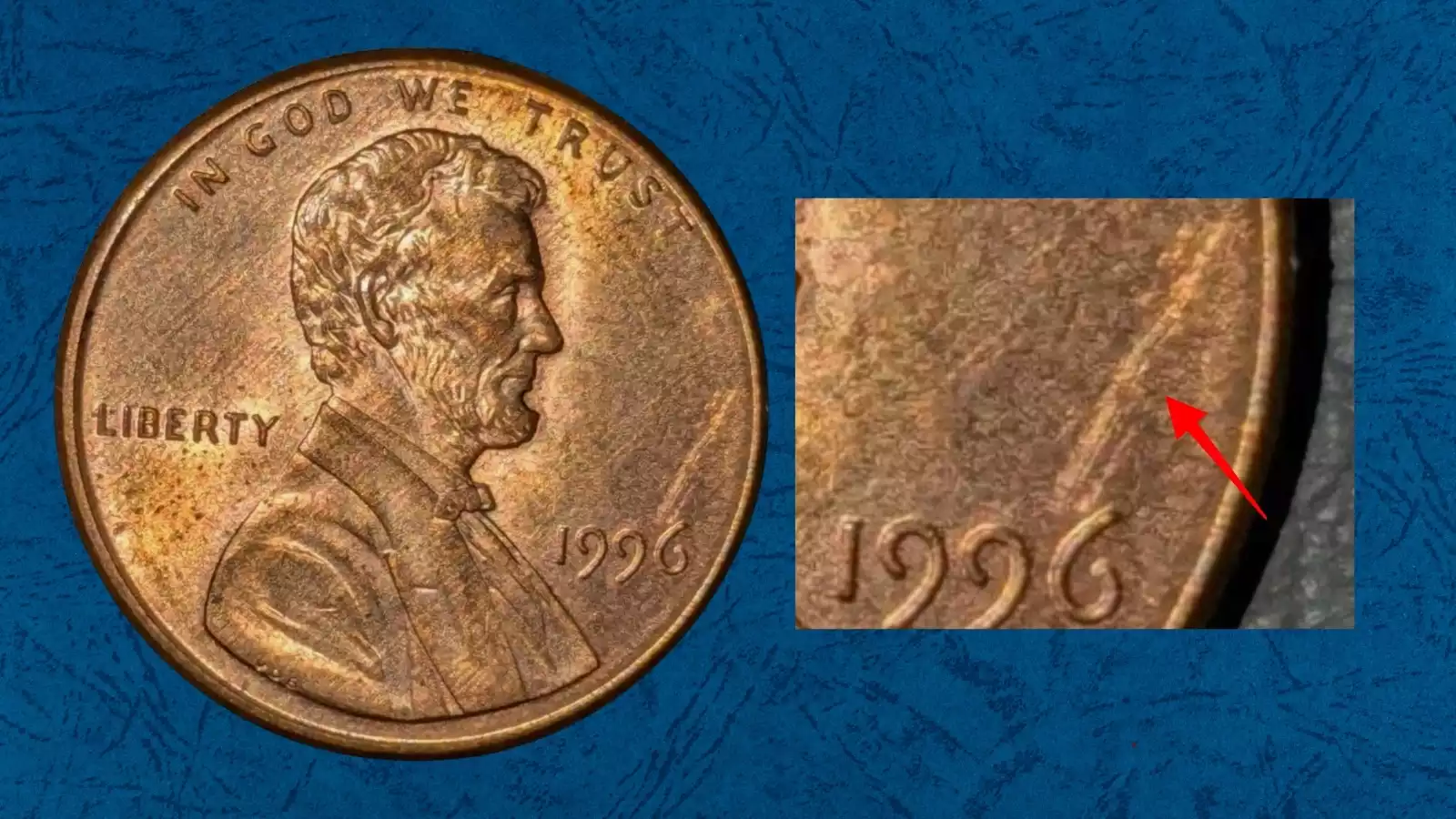 1996 penny strike-through error showing incuse impression caused by debris between die and planchet during striking