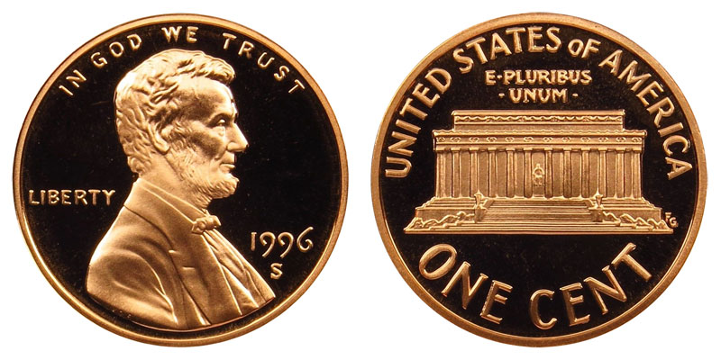 Collection of 1996 Lincoln Memorial pennies showing typical circulated and uncirculated specimens from Philadelphia and Denver mints