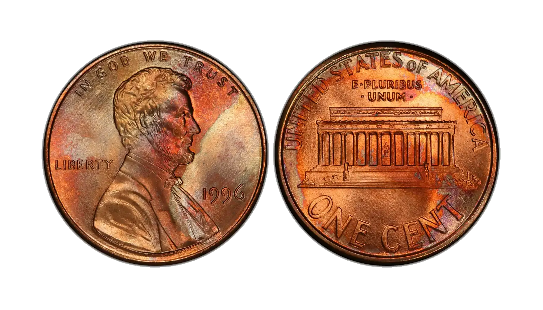 Grading strip showing four 1996 Lincoln Memorial pennies from worn to gem uncirculated condition side by side